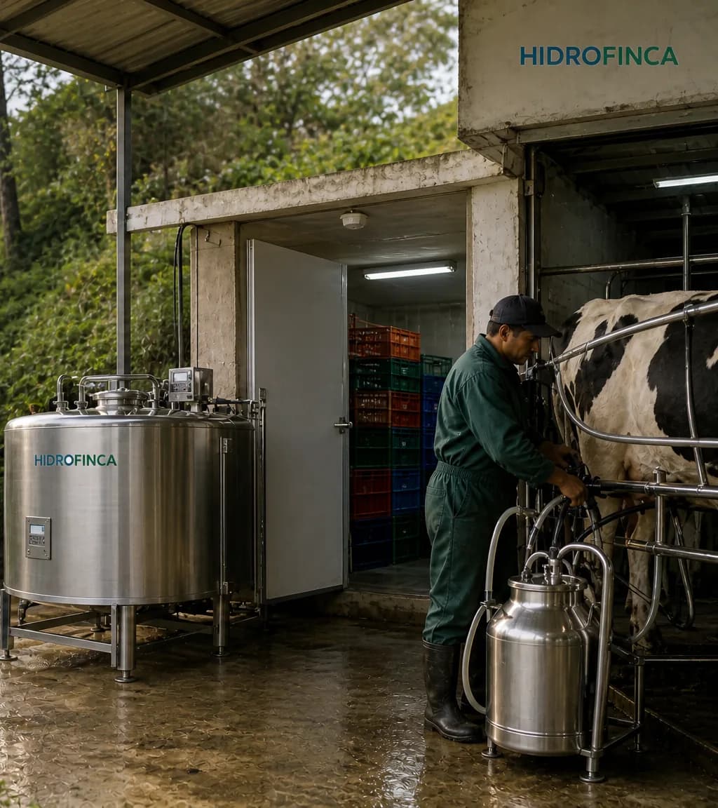 Un ordeñador trabaja junto a una vaca en la sala de ordeño de una finca de montaña, con el tanque de frío de acero inoxidable a un costado.